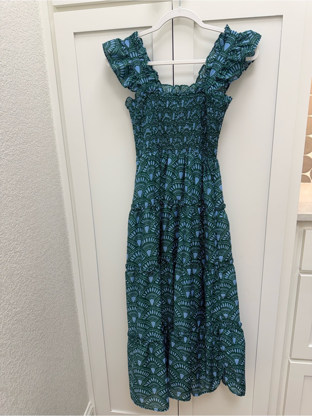 Smocked Ruffle Strap Maxi Dress in Teal Blue